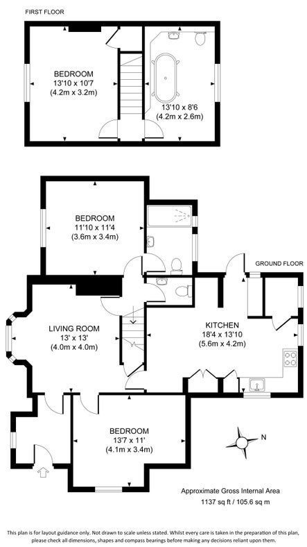 The floor plan for Polesden Garden Cottage, showing ground floor with porch, sitting room, kitchen and dining room, toilet, one bedroom with en-suite shower room and a further bedroom, and the first floor with bedroom and bathroom.